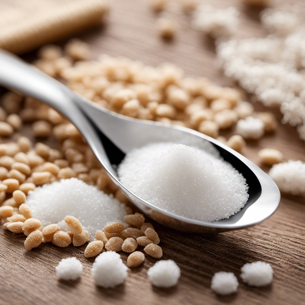 An image that depicts a delicate, pristine white teaspoon filled with precisely measured granulated sugar up to the brim, showcasing the exact quantity of 1 gram with the grains glistening under a soft, natural light