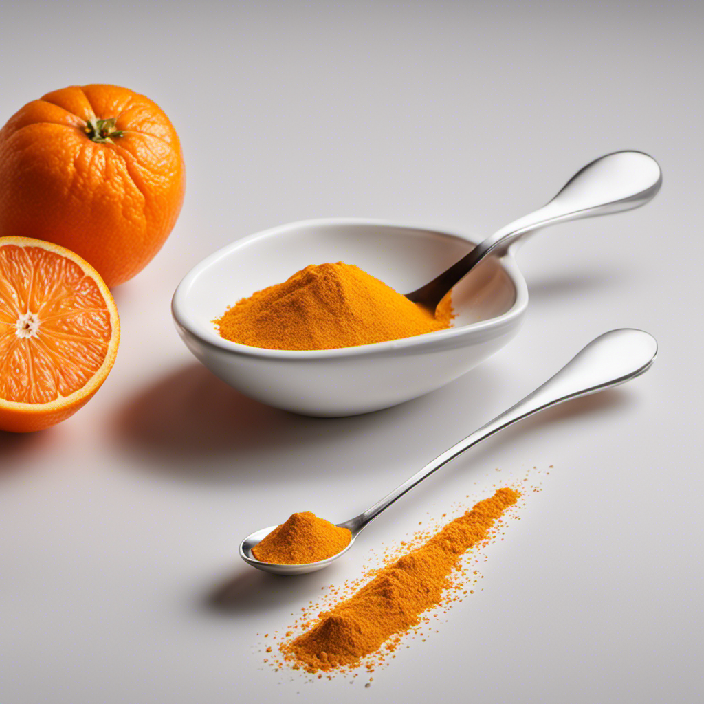 An image showcasing a measuring spoon filled with 1 gram of vivid orange Vitamin C powder, next to a delicate teaspoon filled with the same amount, emphasizing the conversion between grams and teaspoons