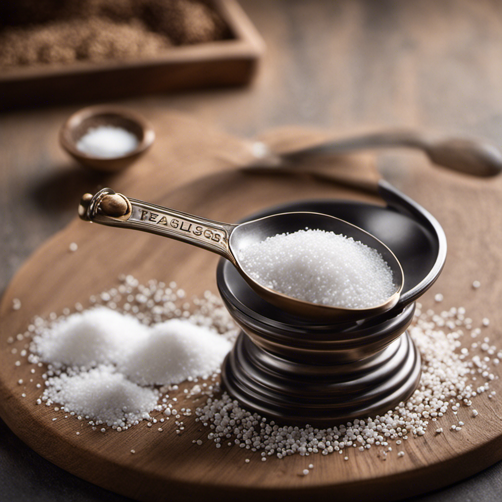 An image showcasing a delicate teaspoon filled with precisely measured salt grains, alongside a calibrated scale displaying 1 gram