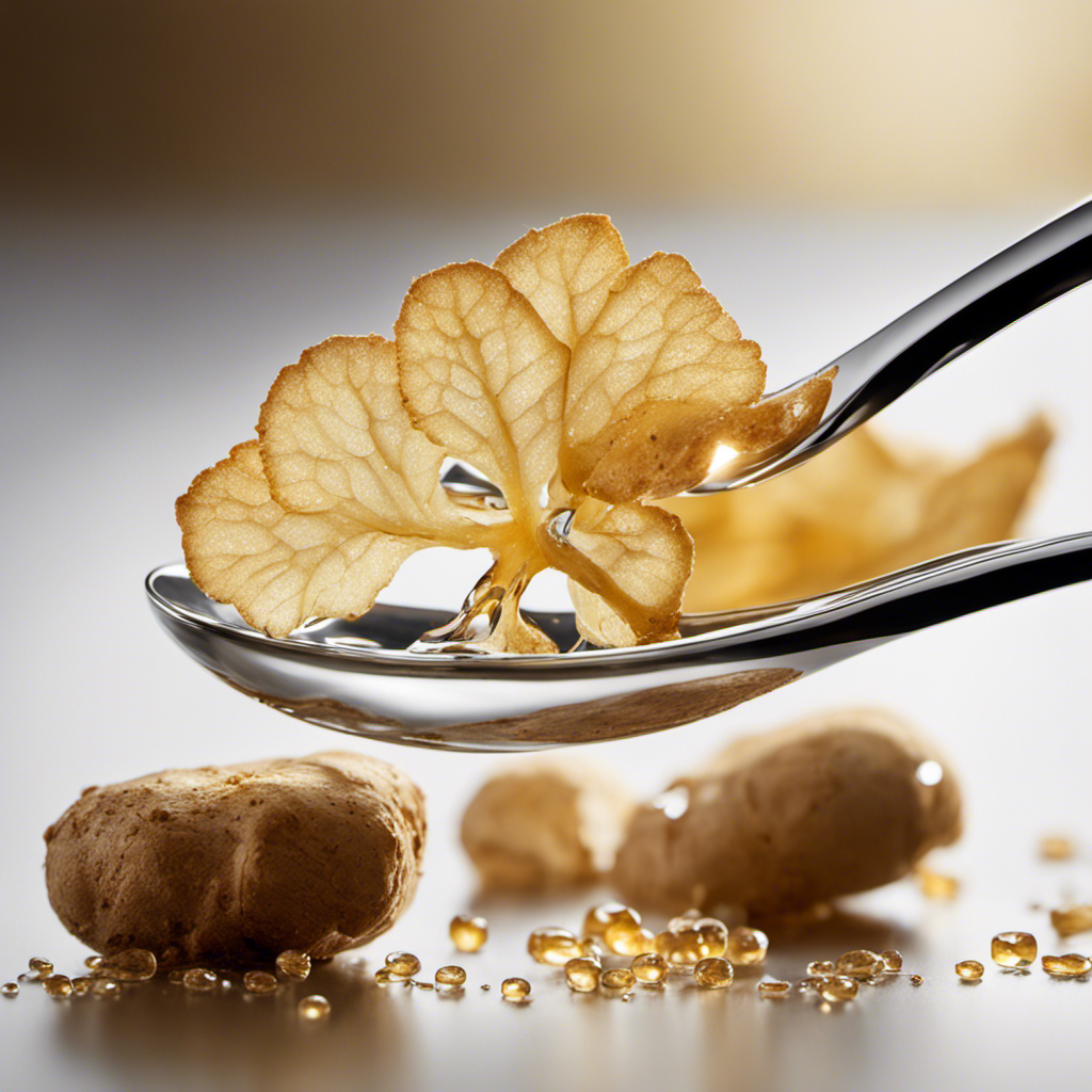 An image showcasing a close-up of a ginger root, precisely sliced into a 1-inch piece, elegantly placed on a pristine white teaspoon, surrounded by delicate droplets of water glistening in the soft, natural light