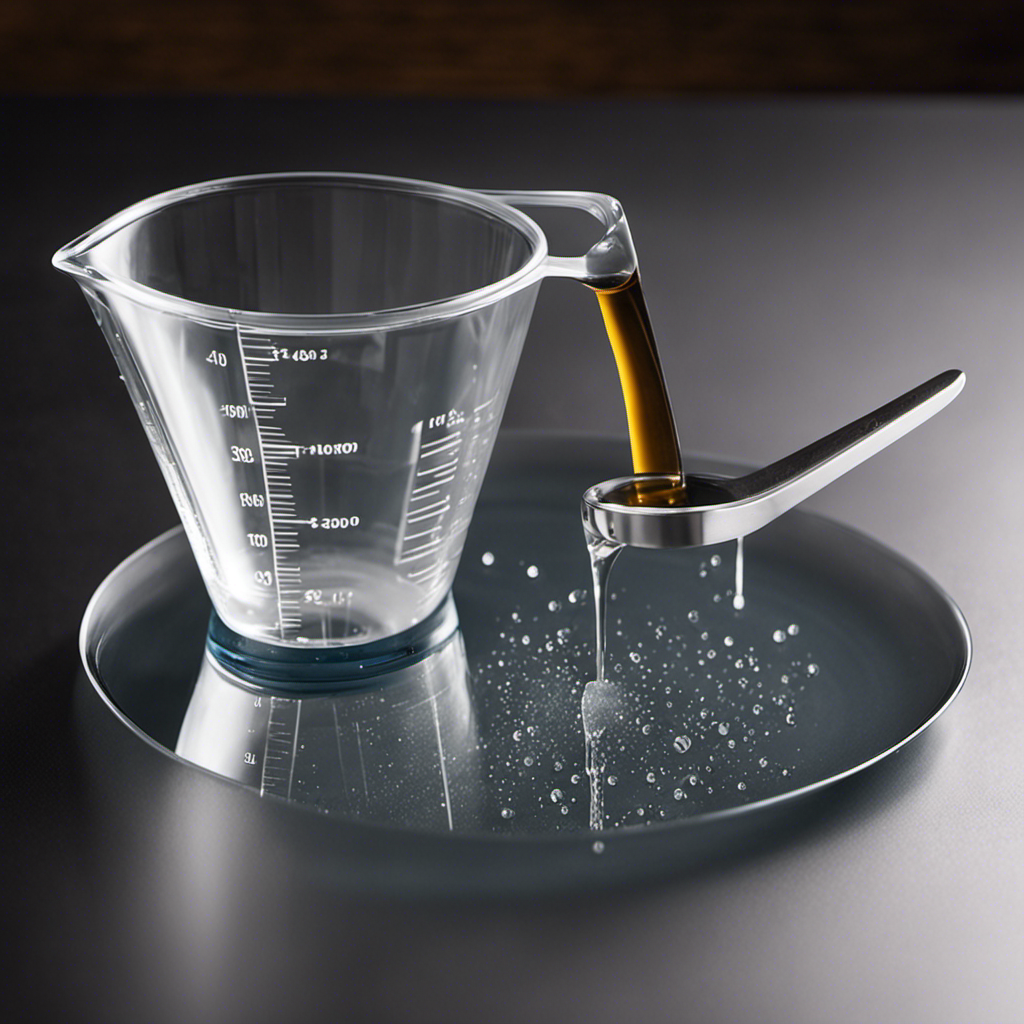 An image showcasing a transparent measuring cup filled with precisely measured 1 inch of water, while a teaspoon hovers above, pouring out tiny droplets to visually demonstrate the conversion from inches to teaspoons