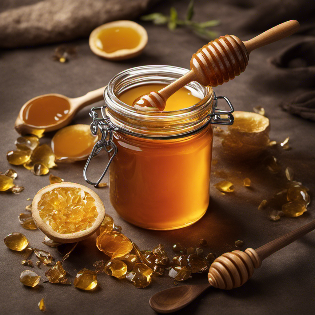 An image that showcases a glass jar filled with golden, viscous honey, accompanied by a delicate teaspoon resting on its edge