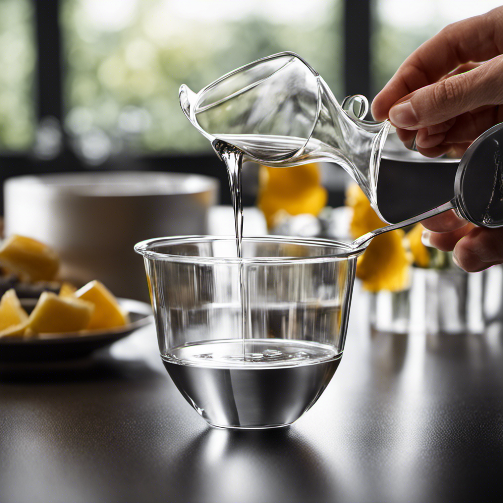 An image that showcases a small, transparent measuring cup filled with precisely 1 ml of water, while a teaspoon is held above it, ready to pour the equivalent amount
