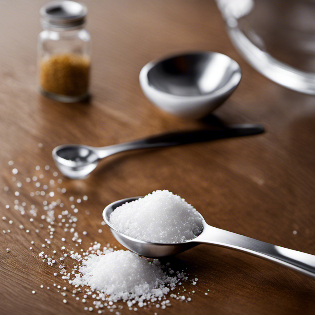 An image showcasing a sleek, transparent measuring spoon, perfectly filled with precisely measured 1 ounce of fine salt, surrounded by a sprinkle of delicate salt crystals, visually depicting the conversion of 1 ounce to teaspoons