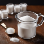 An image showcasing a transparent measuring cup filled with precisely 1 ounce of white granulated sugar