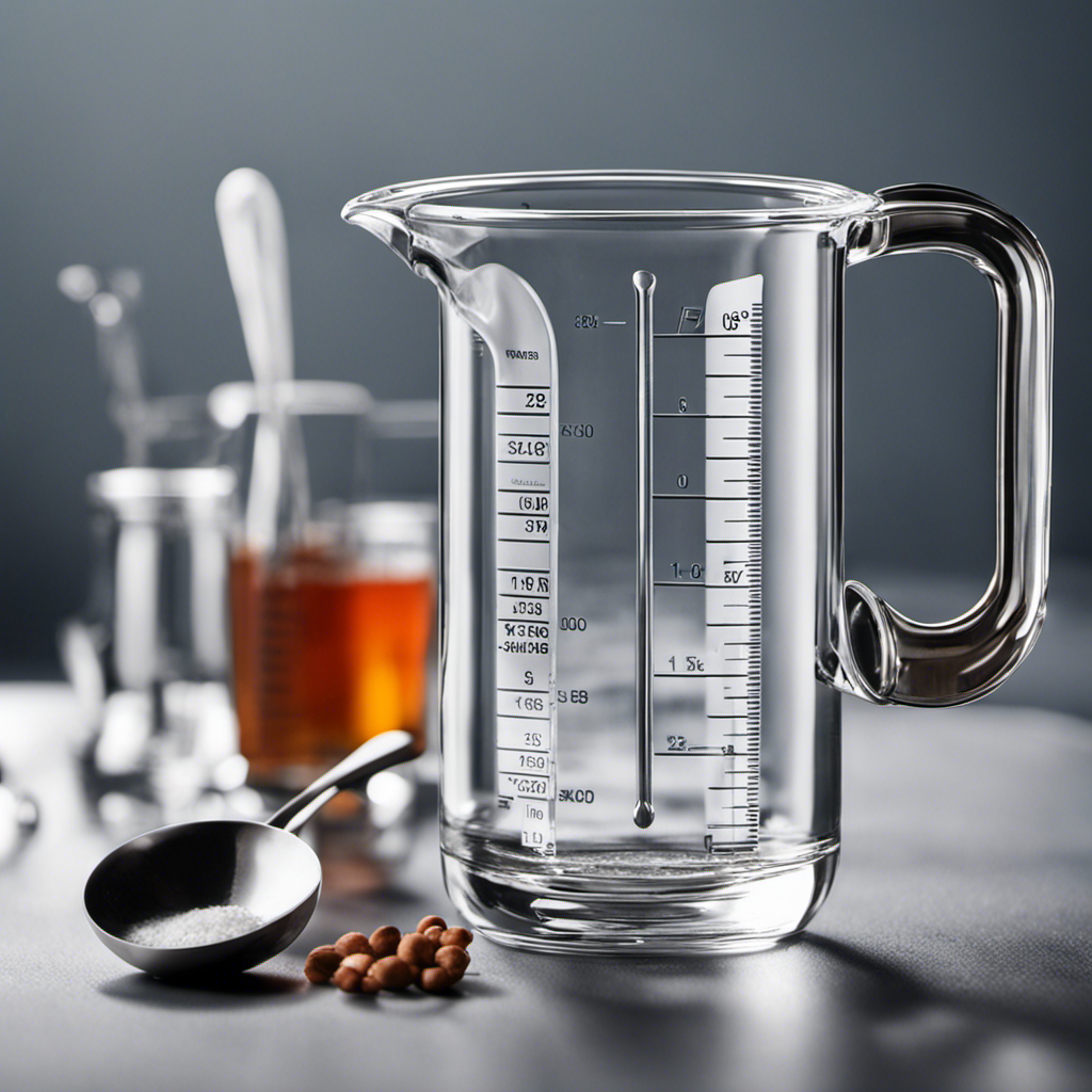 An image featuring a clear glass measuring cup filled with precisely 1 ounce of water, alongside a set of measuring spoons displaying the equivalent amount in teaspoons, emphasizing accuracy and clarity
