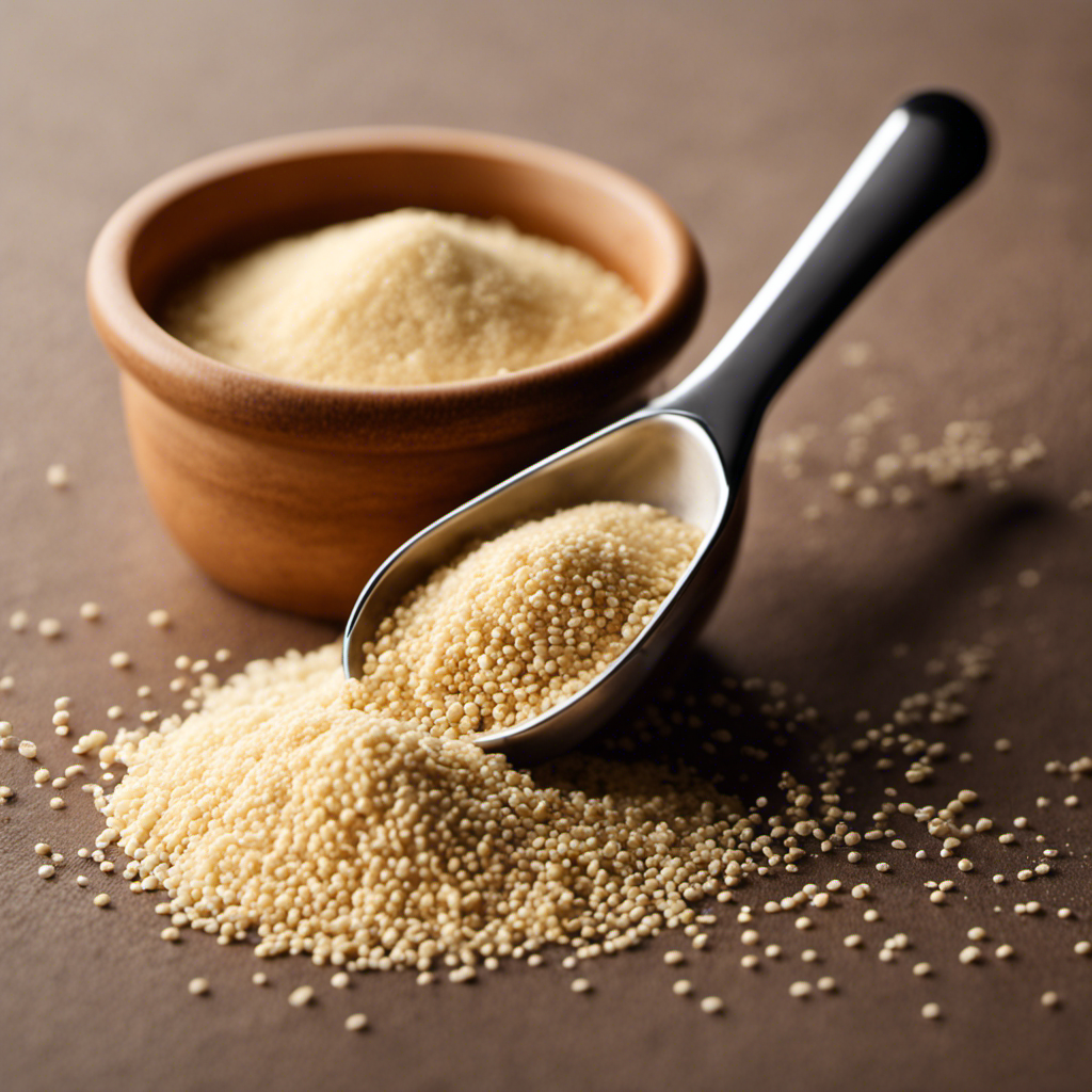 An image showcasing a measuring spoon filled with yeast, next to a small pile of loose yeast granules, symbolizing the measurement equivalence between 1 package of yeast and a specific number of teaspoons