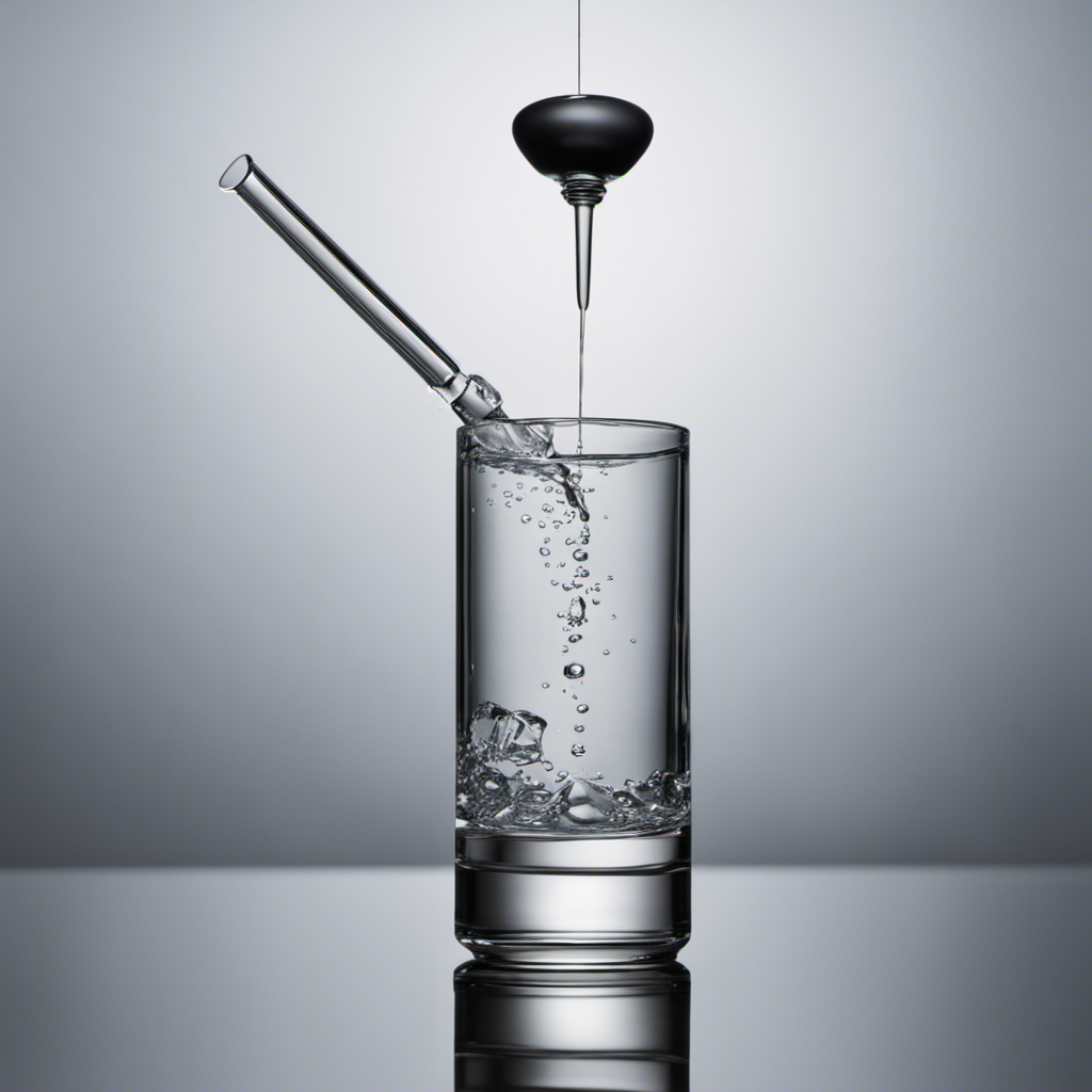 An image showcasing a clear glass filled with water up to the halfway mark, next to it, a small syringe-like tool slowly releasing a single drop of Simply Thick, precisely measuring 1/8th of a teaspoon