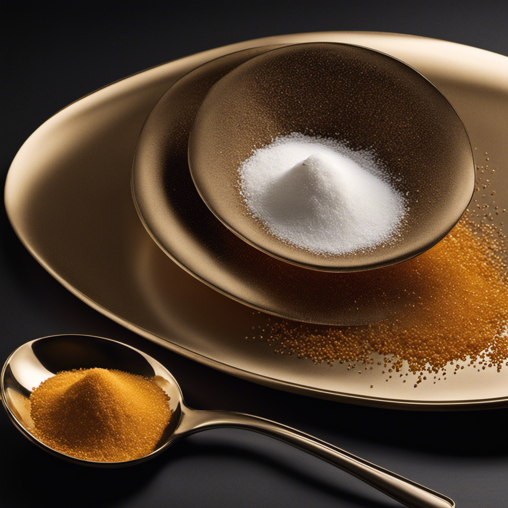 An image showcasing a tabletop with a tablespoon filled exactly to its brim and two and one-third teaspoons placed next to it, overflowing with tiny granules of sugar, beautifully contrasting against the table's smooth surface