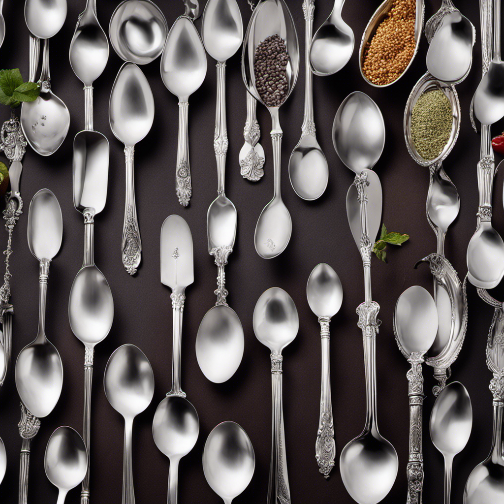An image showcasing 10 shiny silver teaspoons, each filled with precisely measured 1 ½ teaspoons of a variety of ingredients