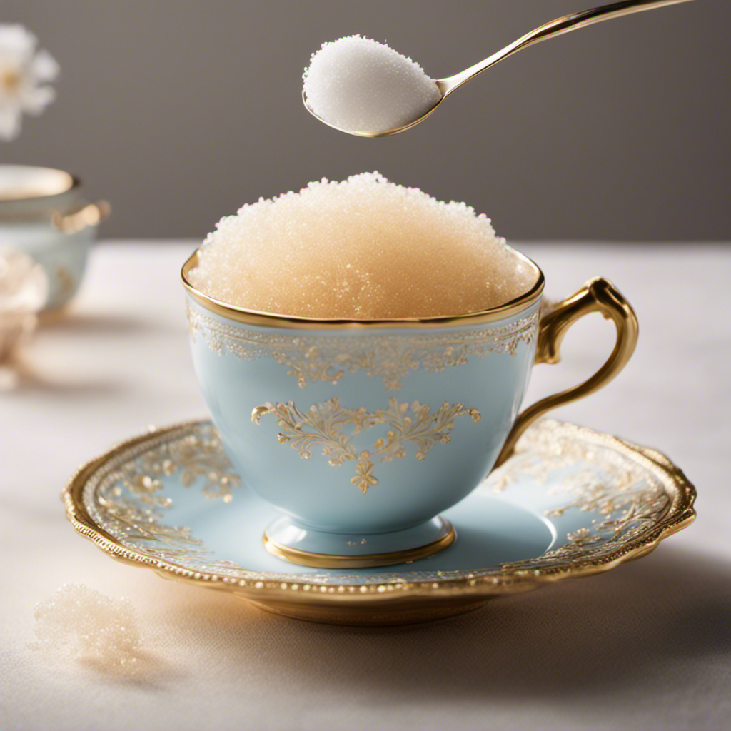 An image featuring a small mound of granulated sugar, carefully measured to precisely 10 grams, poured into a delicate, vintage teacup