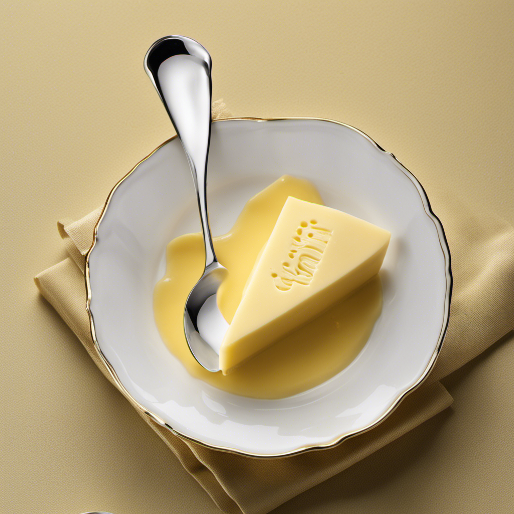An image showcasing a pristine white teaspoon filled with precisely measured, creamy yellow butter that weighs exactly 10 grams
