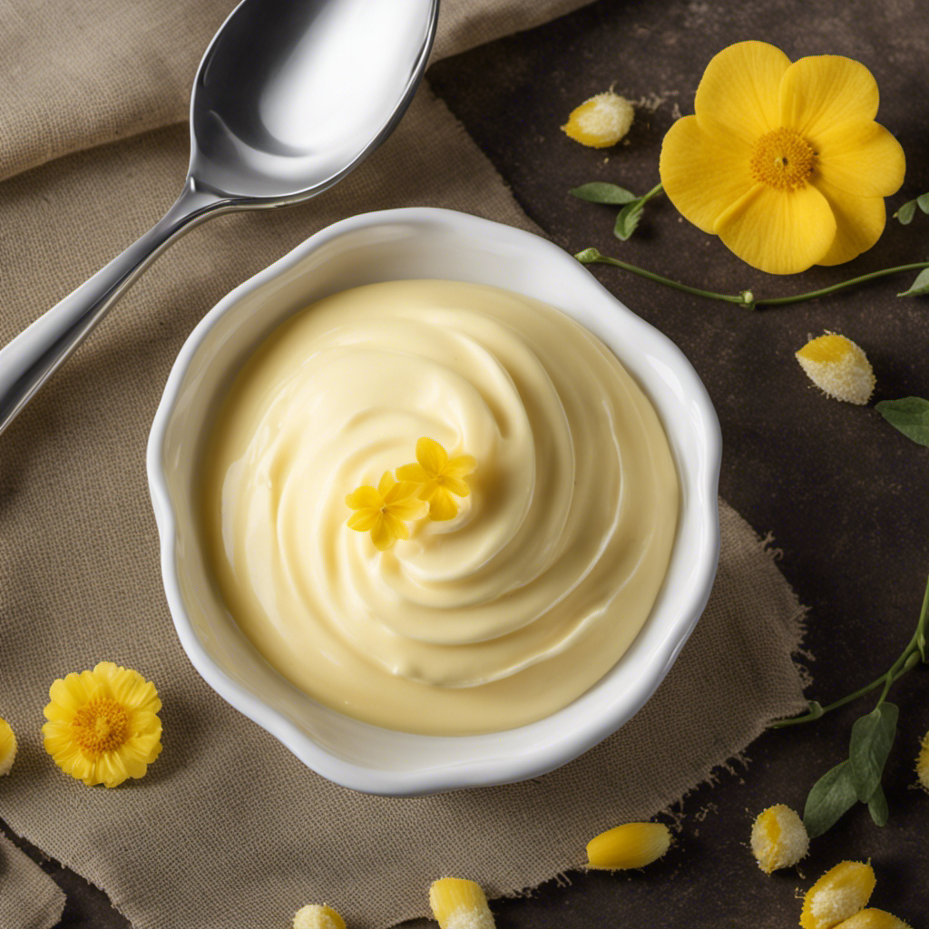 An image showcasing a pristine white teaspoon filled with precisely measured, creamy yellow butter that weighs exactly 10 grams