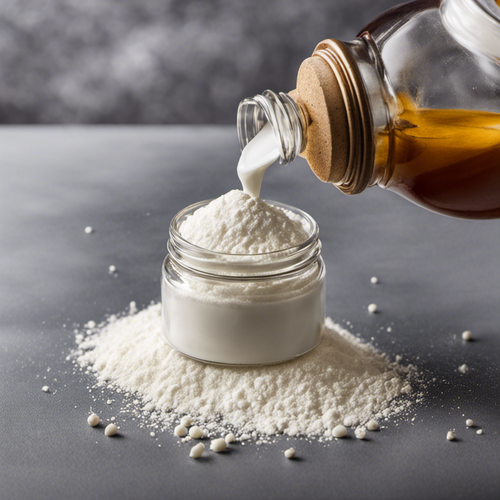 An image showcasing a small glass jar filled with 10 grams of fine, white cornstarch, delicately poured into a teaspoon, forming a perfect mound
