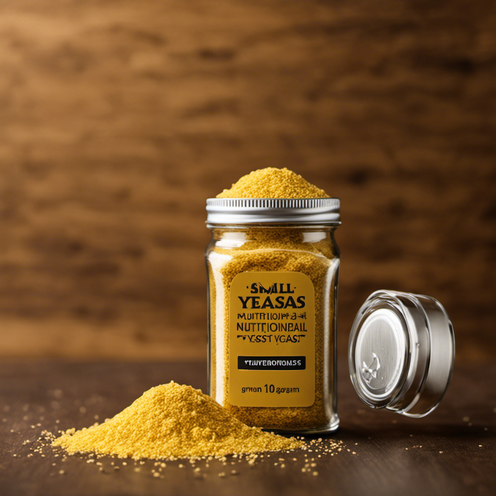 An image showcasing a small glass jar filled with precisely measured 10 grams of nutritional yeast