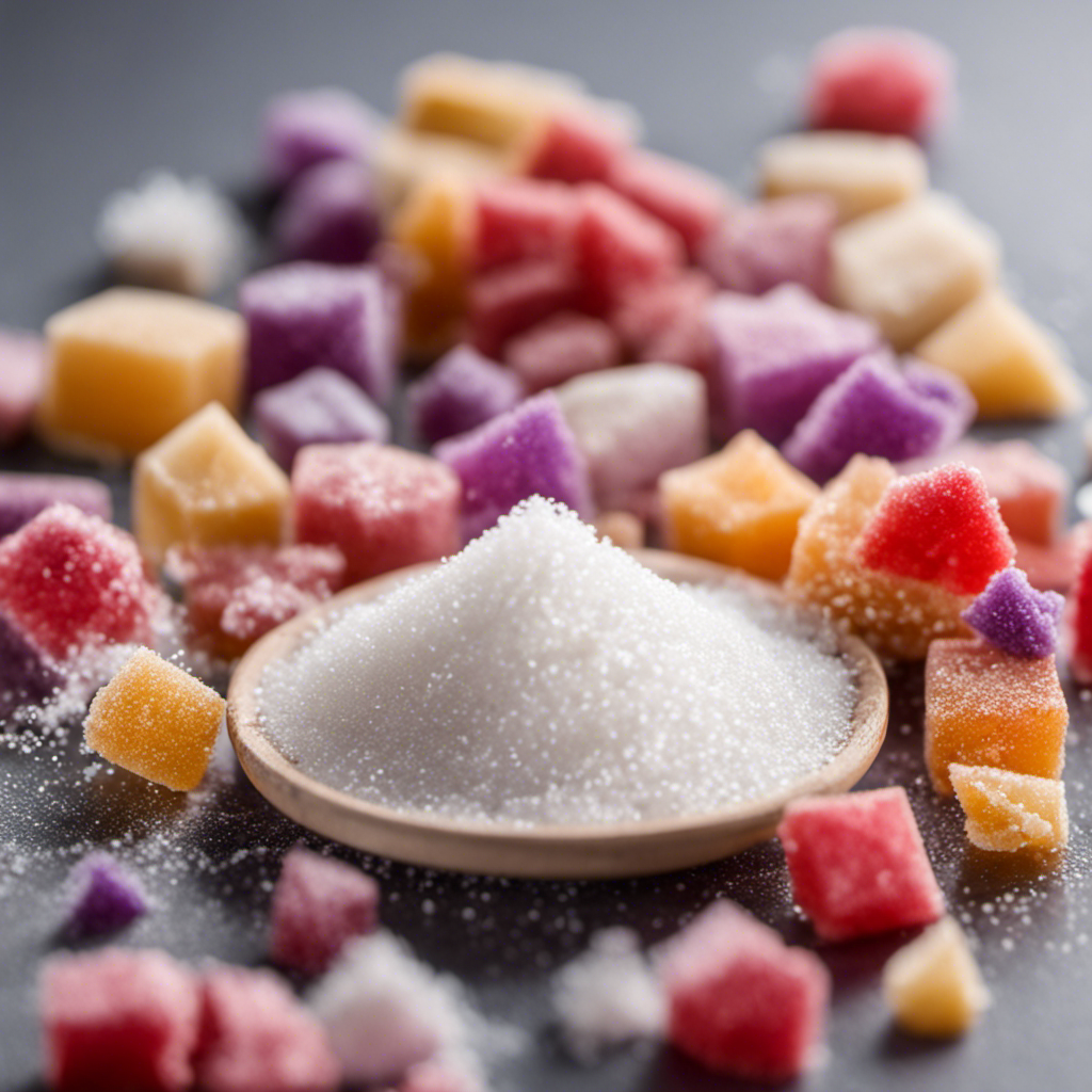 An image showcasing 10 grams of sugar visually represented by a pile of delicate, granulated sugar crystals, carefully measured and poured into a teaspoon, highlighting the exact measurement
