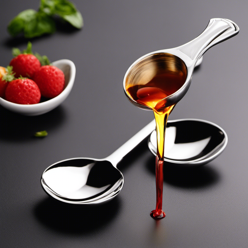 An image showing a measuring spoon filled with 10 milliliters of liquid, precisely pouring into a teaspoon