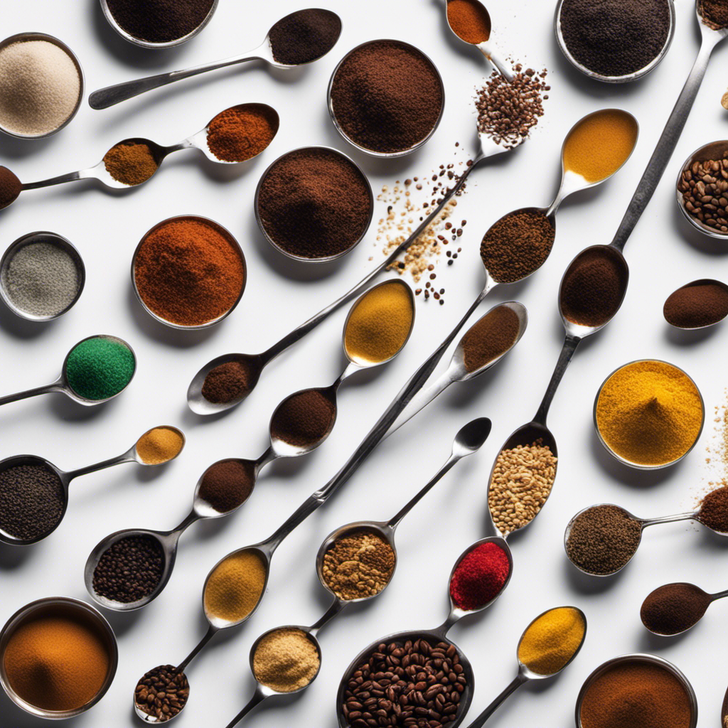 An image showcasing 10 teaspoons of various substances artistically arranged on a white background