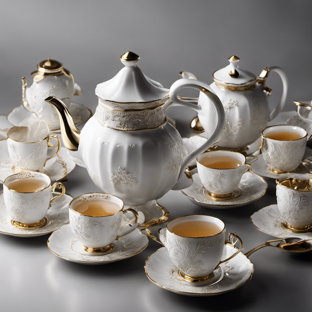 An image showcasing a delicate teapot pouring precisely measured 10 teaspoons of tea into a collection of empty cups, illustrating the conversion from teaspoons to cups
