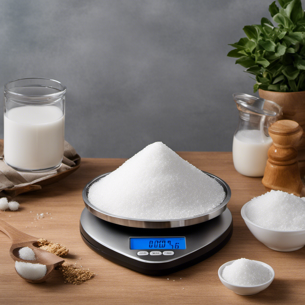 An image showcasing a precise digital scale displaying a mound of white sugar, precisely weighing 10 teaspoons in grams