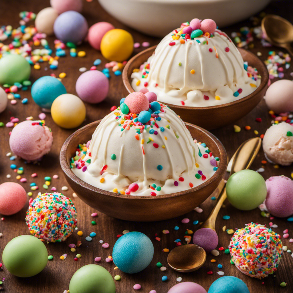 An image showcasing a small, round dessert bowl filled to the brim with 10 perfectly scooped, milky white teaspoons of creamy, velvety ice cream, enticingly garnished with colorful sprinkles