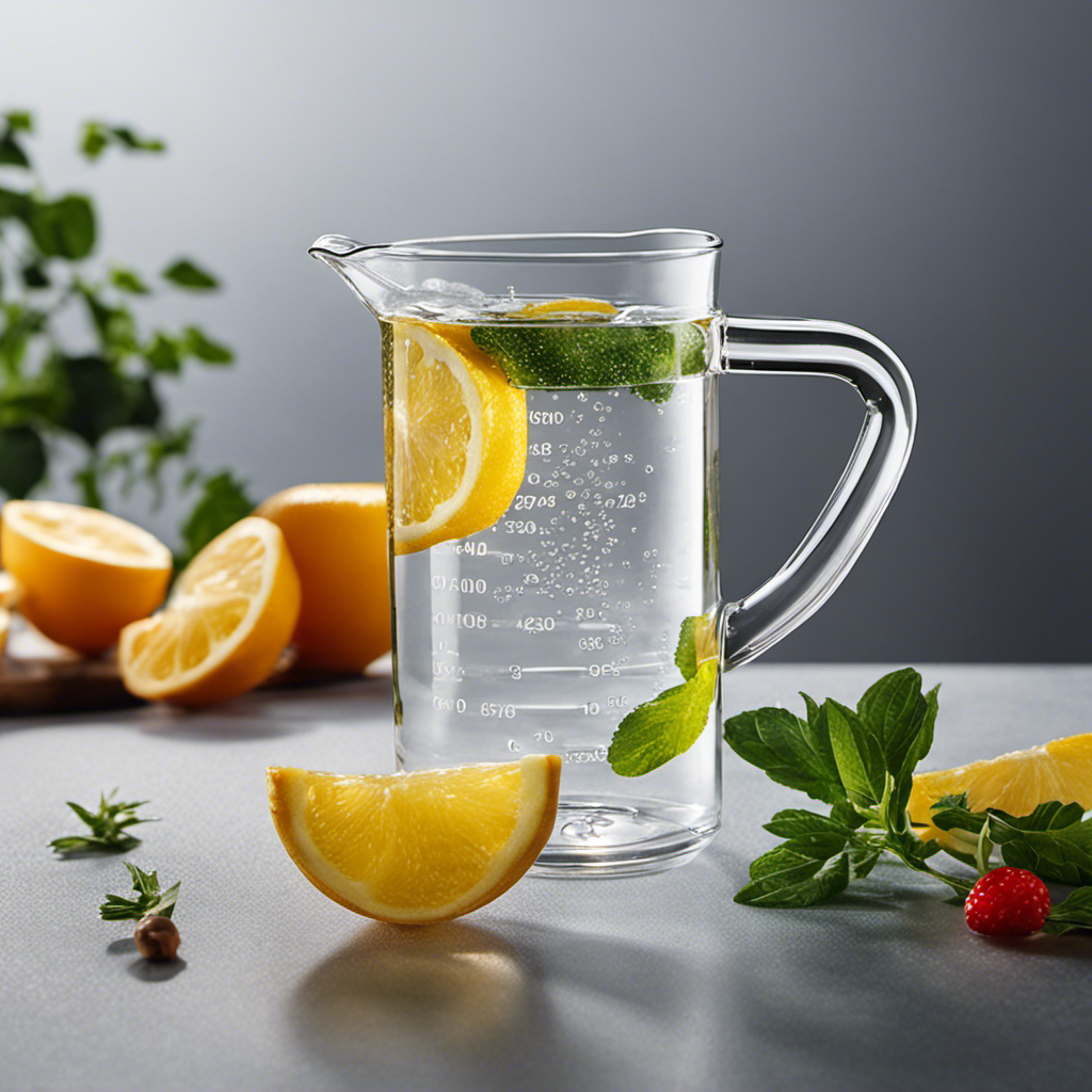 An image depicting a transparent glass measuring cup, filled precisely up to the 10-teaspoon mark with clear, sparkling water