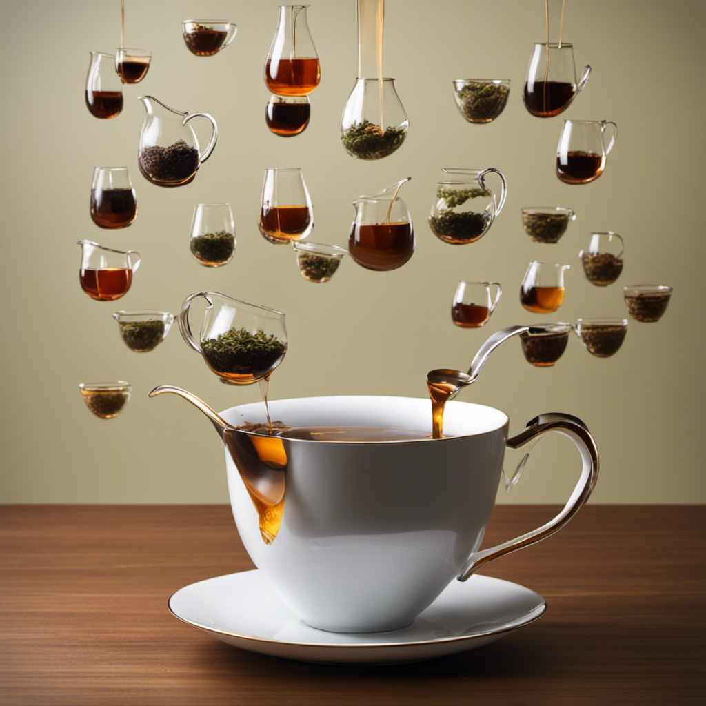 An image showcasing 10 teaspoons of tea being poured into a measuring cup, with the cup then filled to the appropriate level of cups, illustrating the conversion from teaspoons to cups