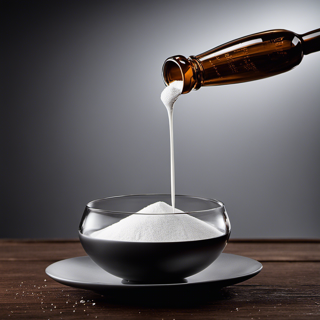 An image showcasing a clear glass measuring 100 grams of a fine powdered substance, gently pouring it into a delicate teaspoon, revealing its precise measurement