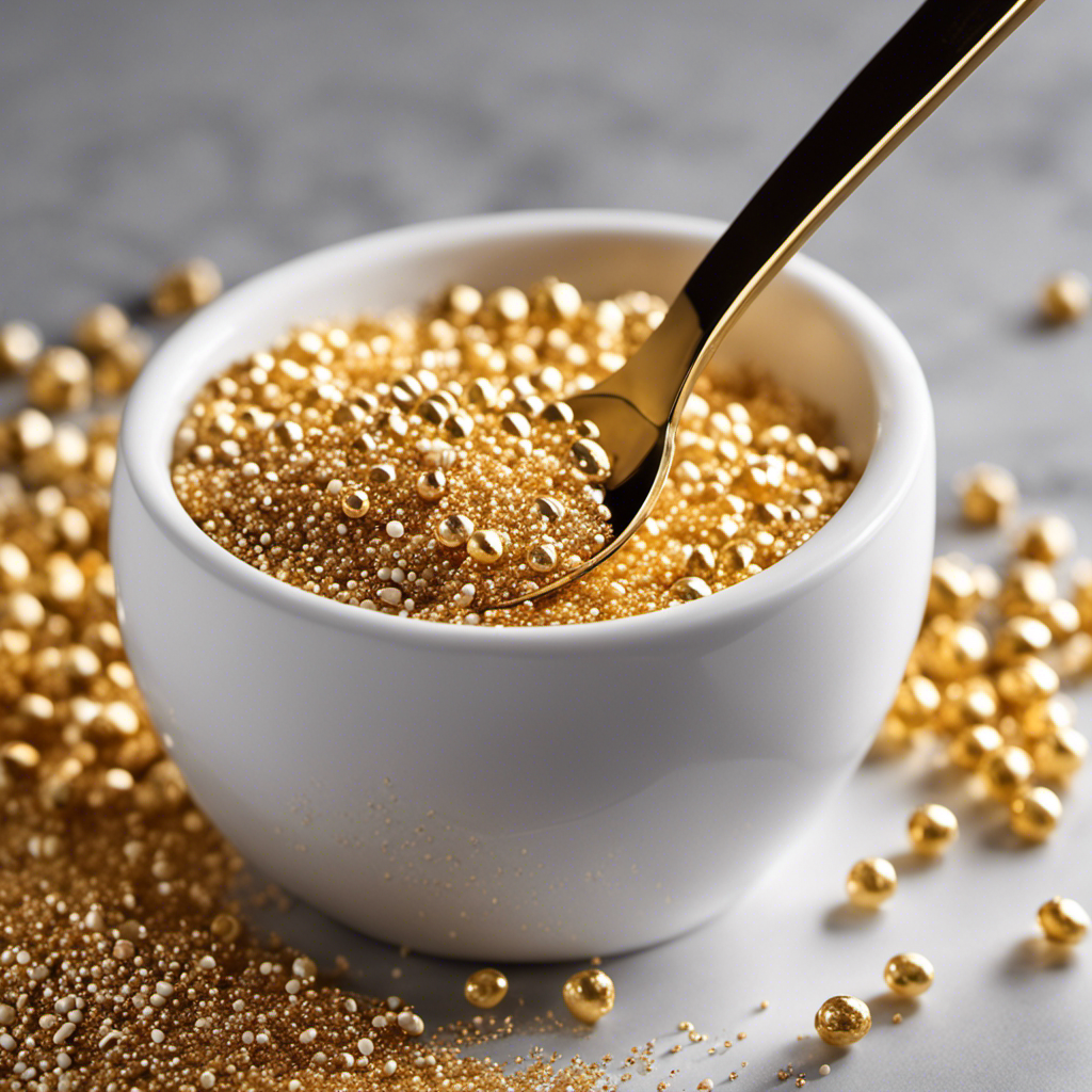 An image showcasing a delicate porcelain teaspoon delicately holding 100 grams of sugar, with the granules gracefully cascading down like a shimmering golden waterfall, illustrating the conversion from grams to teaspoons