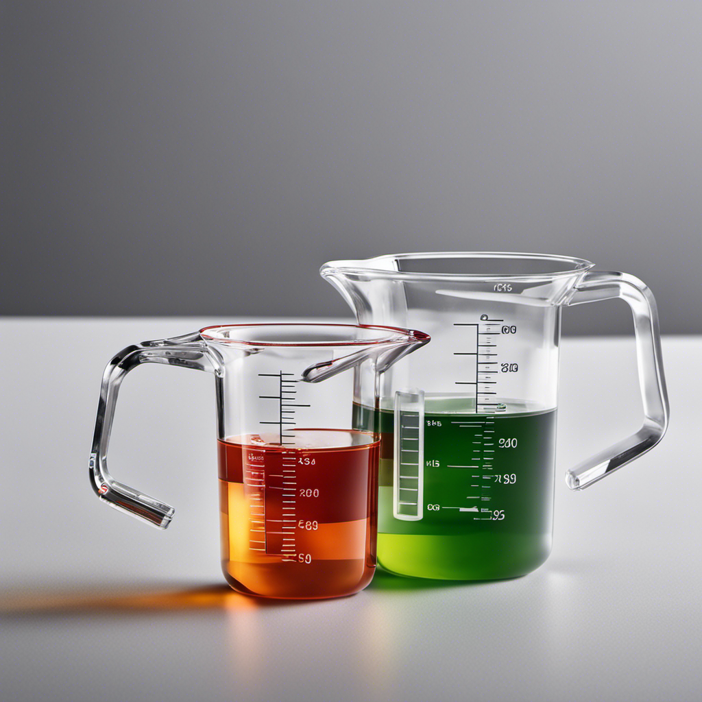 An image showcasing two transparent measuring cups side by side, one filled with precisely 100 ml of liquid, and the other with an equivalent amount of teaspoons, highlighting the conversion from milliliters to teaspoons