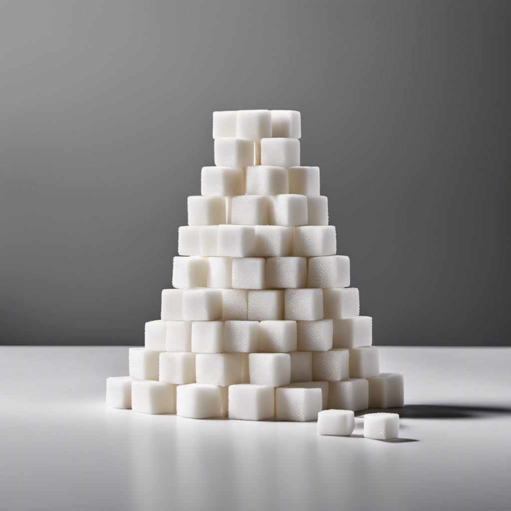 An image displaying a stack of 10 sugar cubes, each cube labeled with 100 milligrams