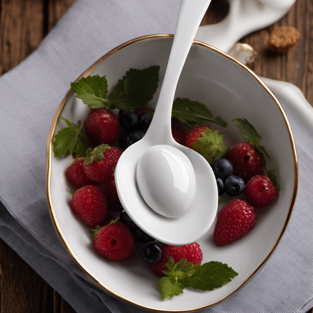 An image depicting a delicate porcelain teaspoon sitting on a scale, with precisely measured 10g of fine white sugar gently pouring onto it, capturing the essence of the measurement conversion from grams to teaspoons