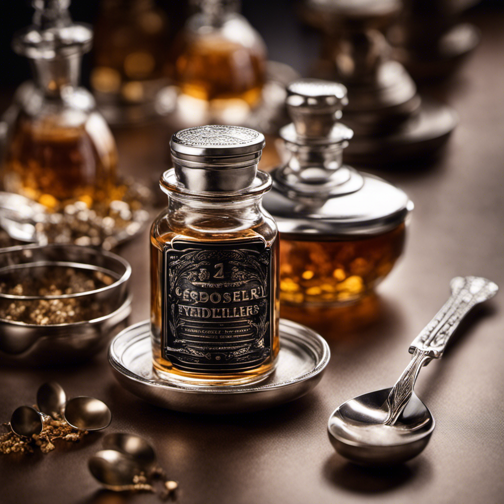 An image showcasing a small glass container filled with precisely measured 12 grams of distillers yeast, surrounded by a collection of delicate, neatly arranged silver teaspoons, emphasizing the conversion of grams to teaspoons