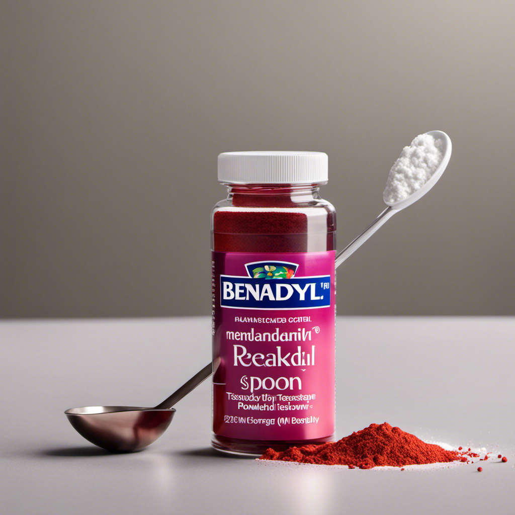 An image showing a small measuring spoon filled with precisely 120 mg of powdered Benadryl, next to a regular teaspoon, to visually demonstrate the relative dosage