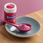 An image showing a small measuring spoon filled with precisely 120 mg of powdered Benadryl, next to a regular teaspoon, to visually demonstrate the relative dosage
