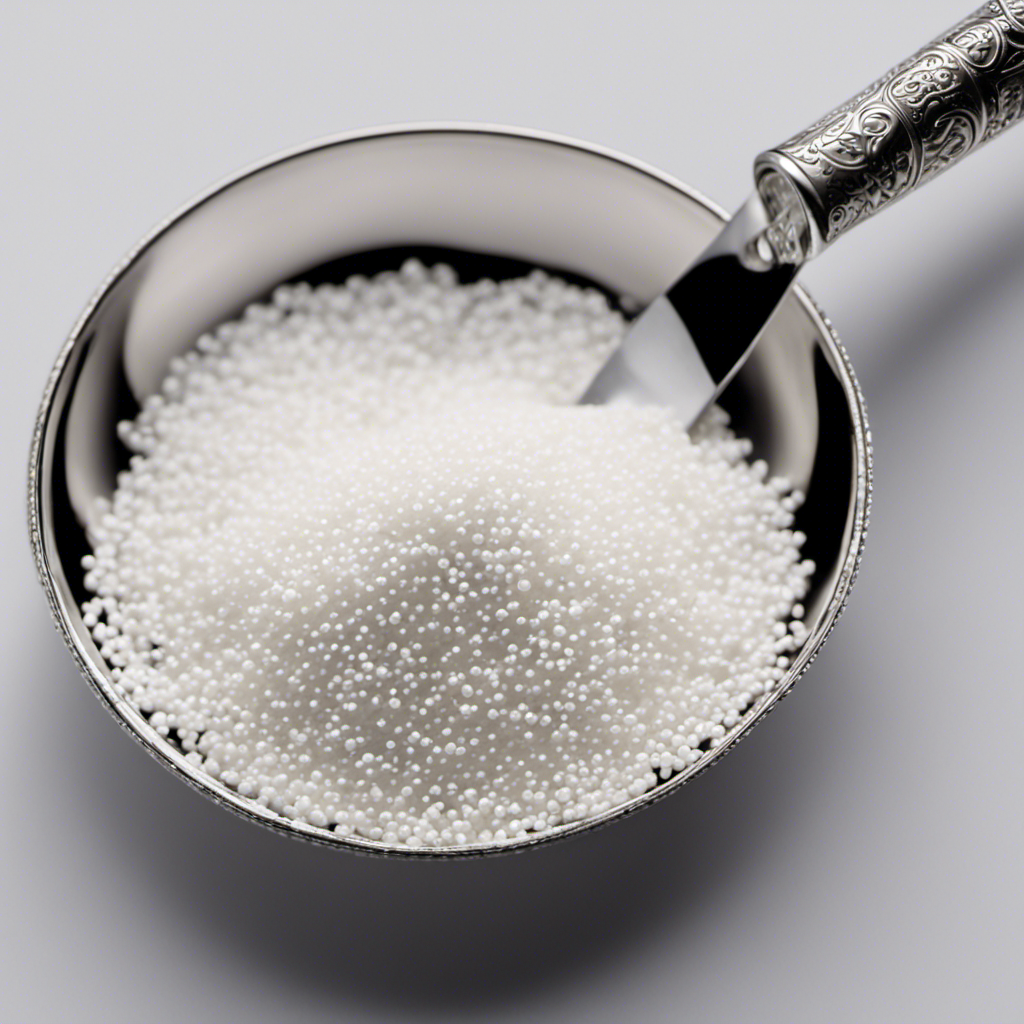 An image showcasing a teaspoon filled with tiny white granules, representing 1200 mg of a substance