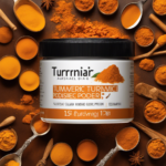 An image showcasing a delicate teaspoon filled with precisely measured 125 mg of vibrant turmeric powder