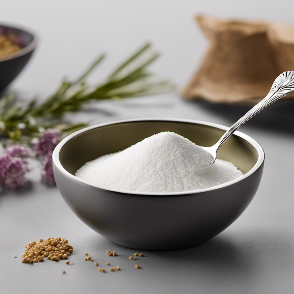 An image showcasing a sleek, modern tablespoon filled precisely with 125g of a fine white powder, gently pouring it into a delicate teaspoon, beautifully illustrating the conversion from grams to teaspoons