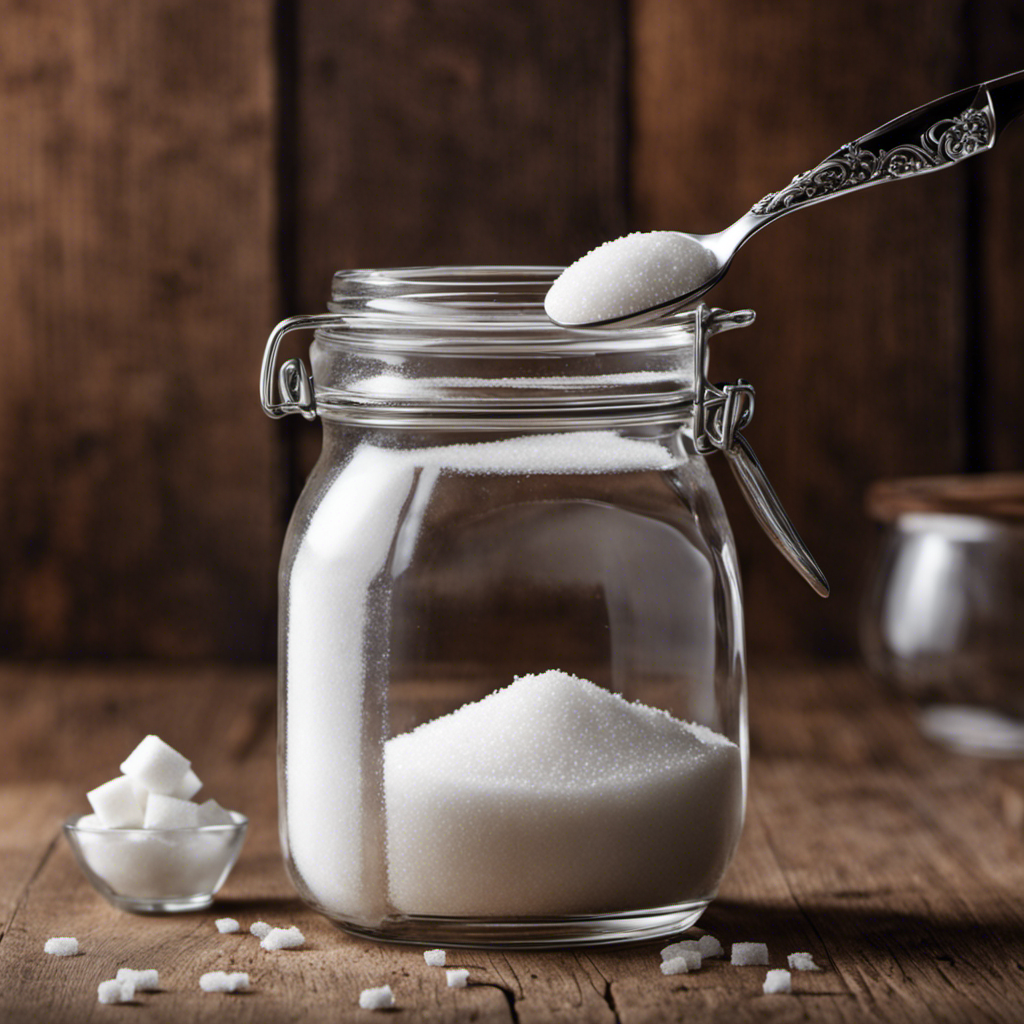 An image depicting a clear glass jar filled with 12 grams of sugar, pouring it into a delicate teaspoon