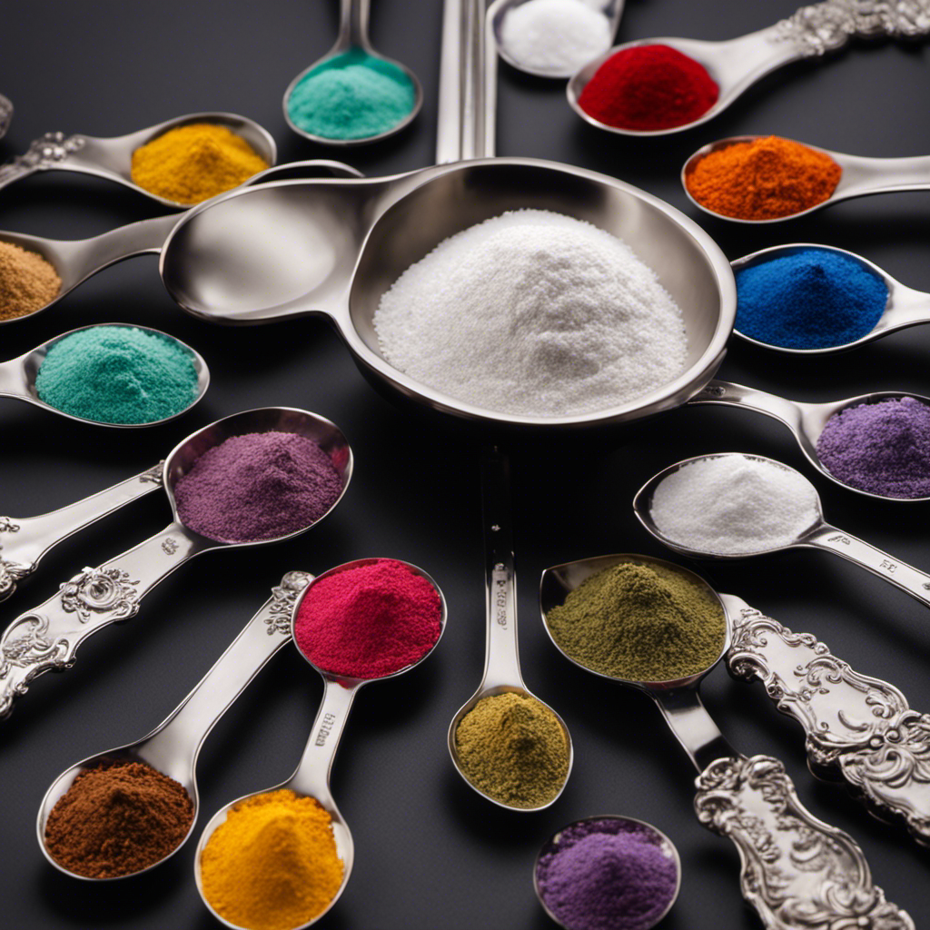 An image depicting a small kitchen measuring spoon holding 14 milligrams of a fine white powder, surrounded by a collection of colorful teaspoons of varying sizes, emphasizing the contrast