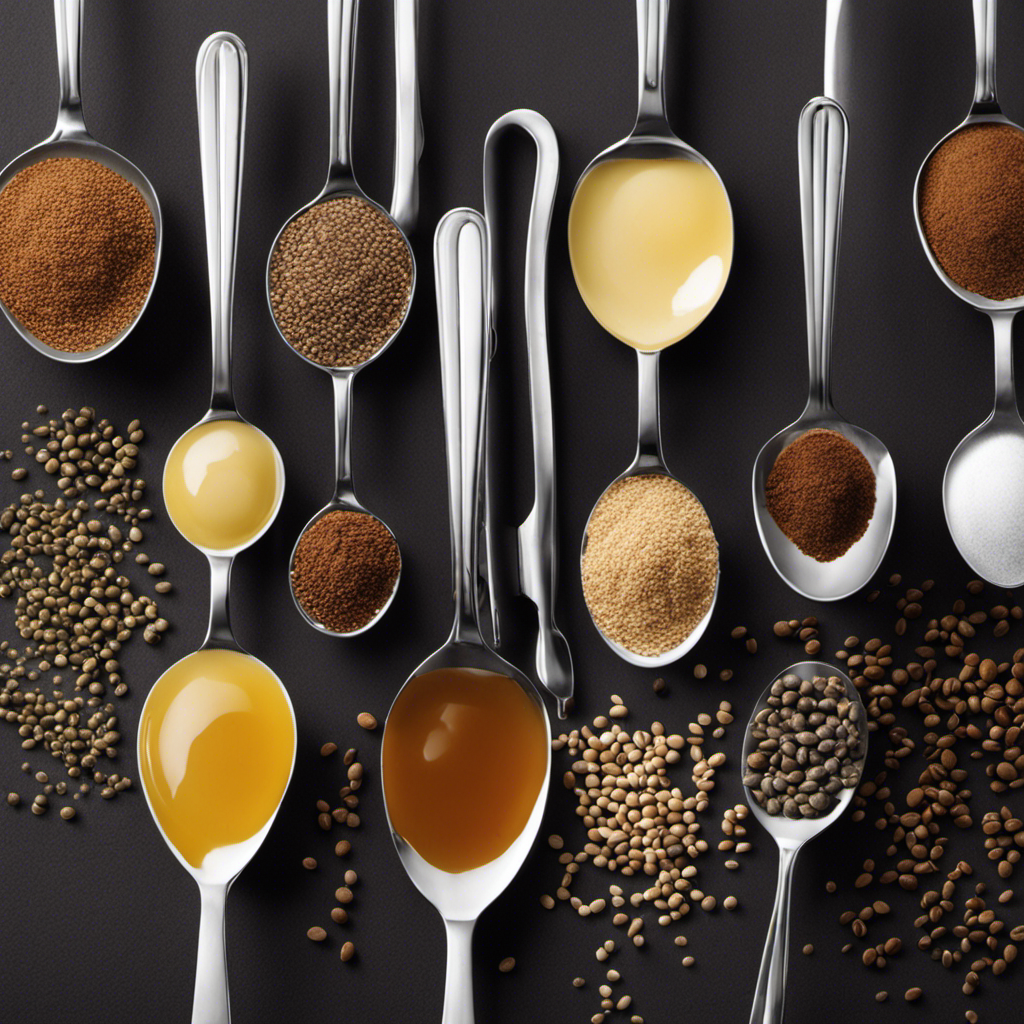 An image showcasing 14 teaspoons of different sizes and shapes pouring into a single tablespoon, clearly illustrating the conversion of 14 teaspoons to its equivalent in tablespoons