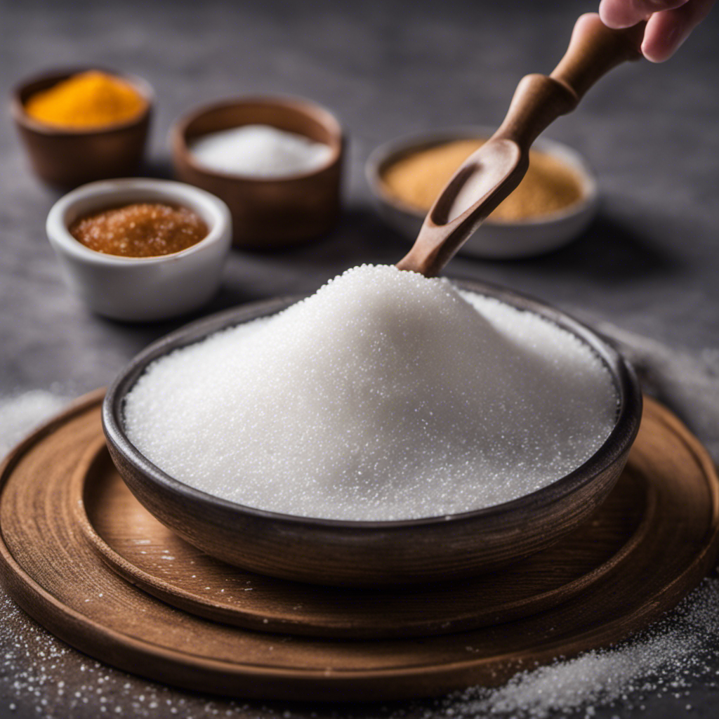 An image showcasing a small mound of granulated sugar, precisely measuring 14 grams, delicately pouring into a teaspoon