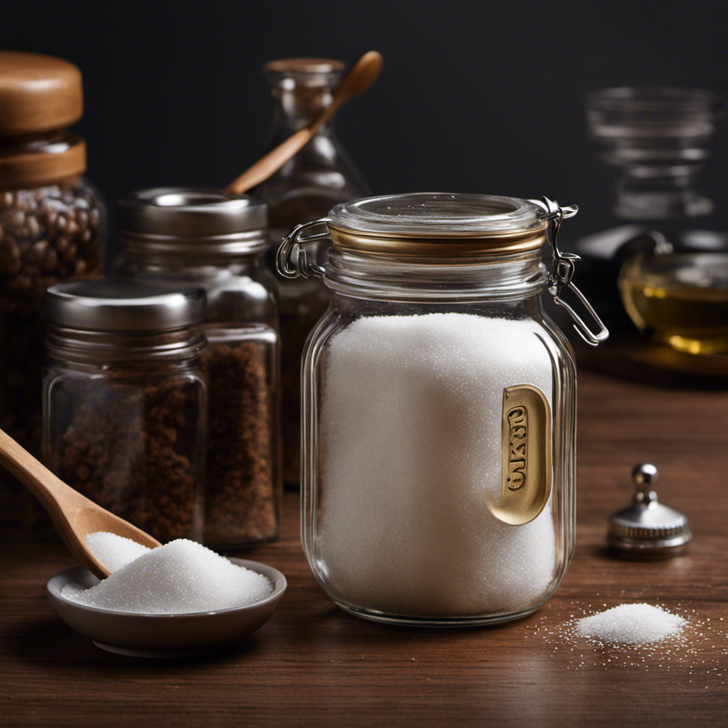 An image depicting a clear glass jar filled with 15 grams of sugar, accompanied by a small teaspoon, showcasing the exact measurement