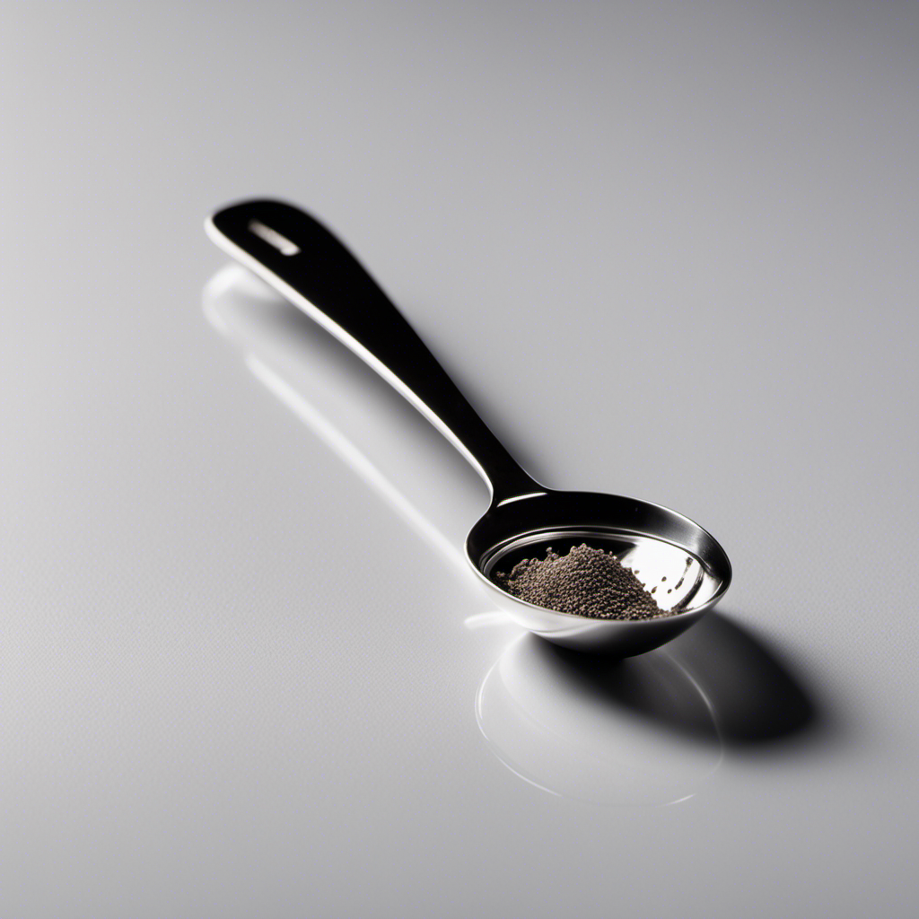 An image showcasing a small, precise measuring spoon filled with 15 milligrams of a substance, gently pouring it into a teaspoon, illustrating the conversion from milligrams to teaspoons