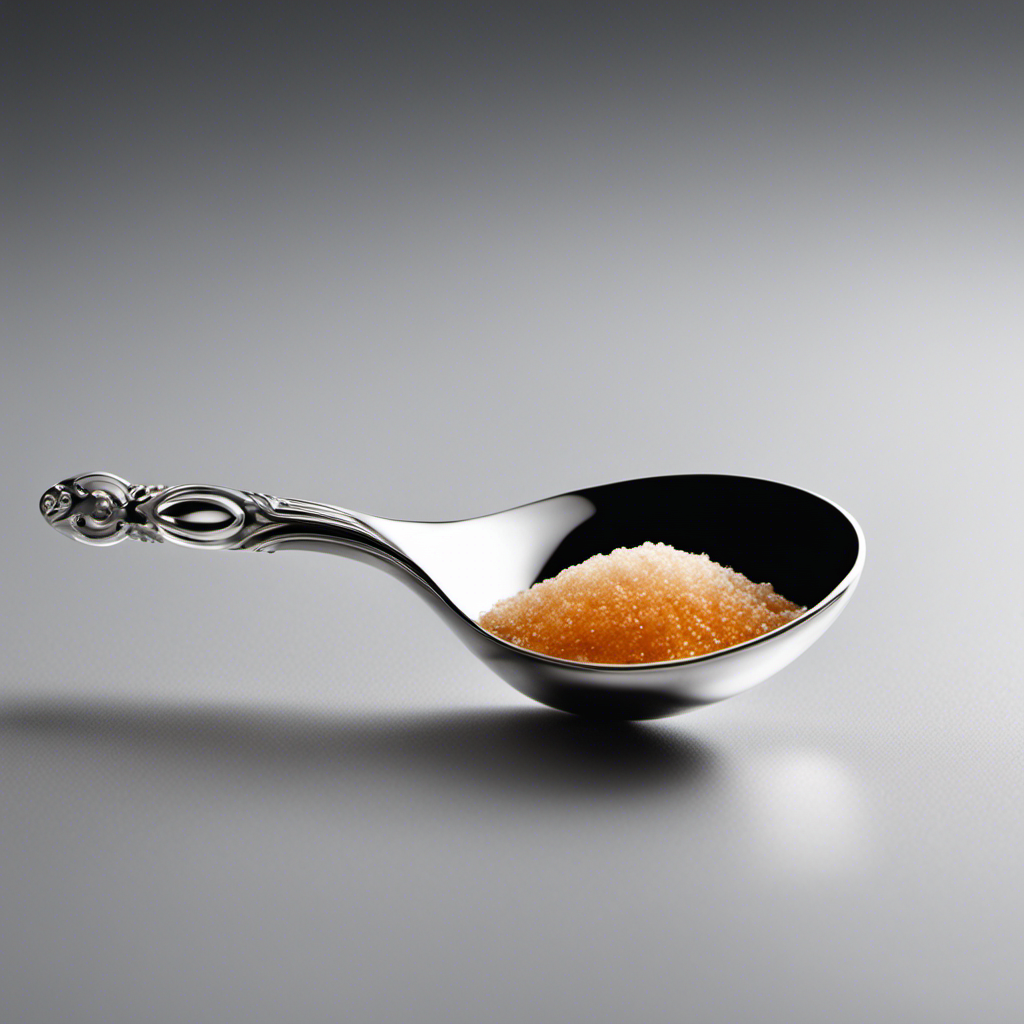 An image depicting a clear glass measuring spoon filled with precisely 150 milligrams of a substance, such as salt or sugar, against a neutral background