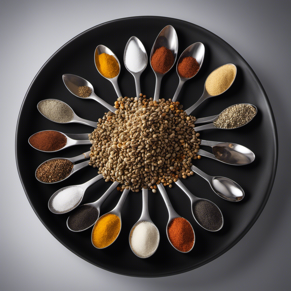 An image showcasing a measuring spoon filled with 1500 mg of a substance, surrounded by a pile of loose teaspoons
