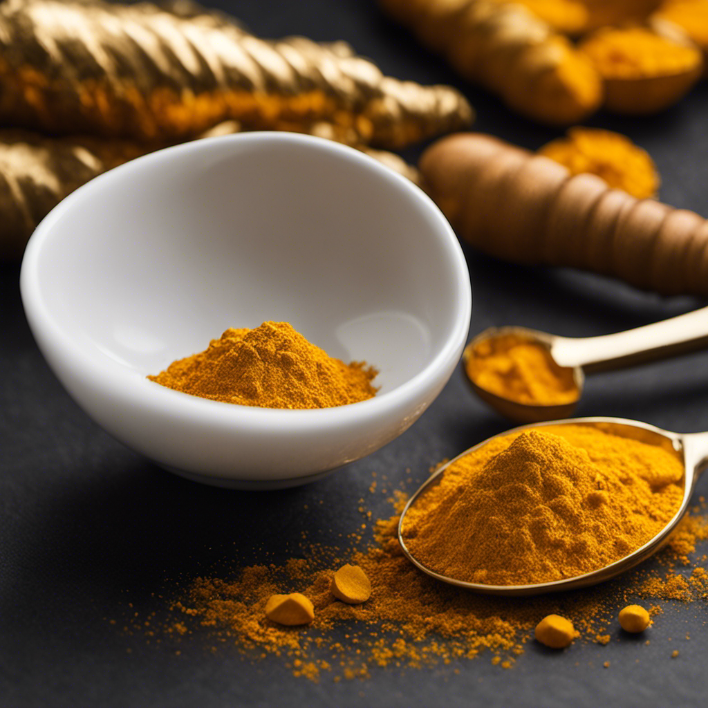 An image showcasing a delicate, porcelain teaspoon cradling a vibrant mound of golden turmeric
