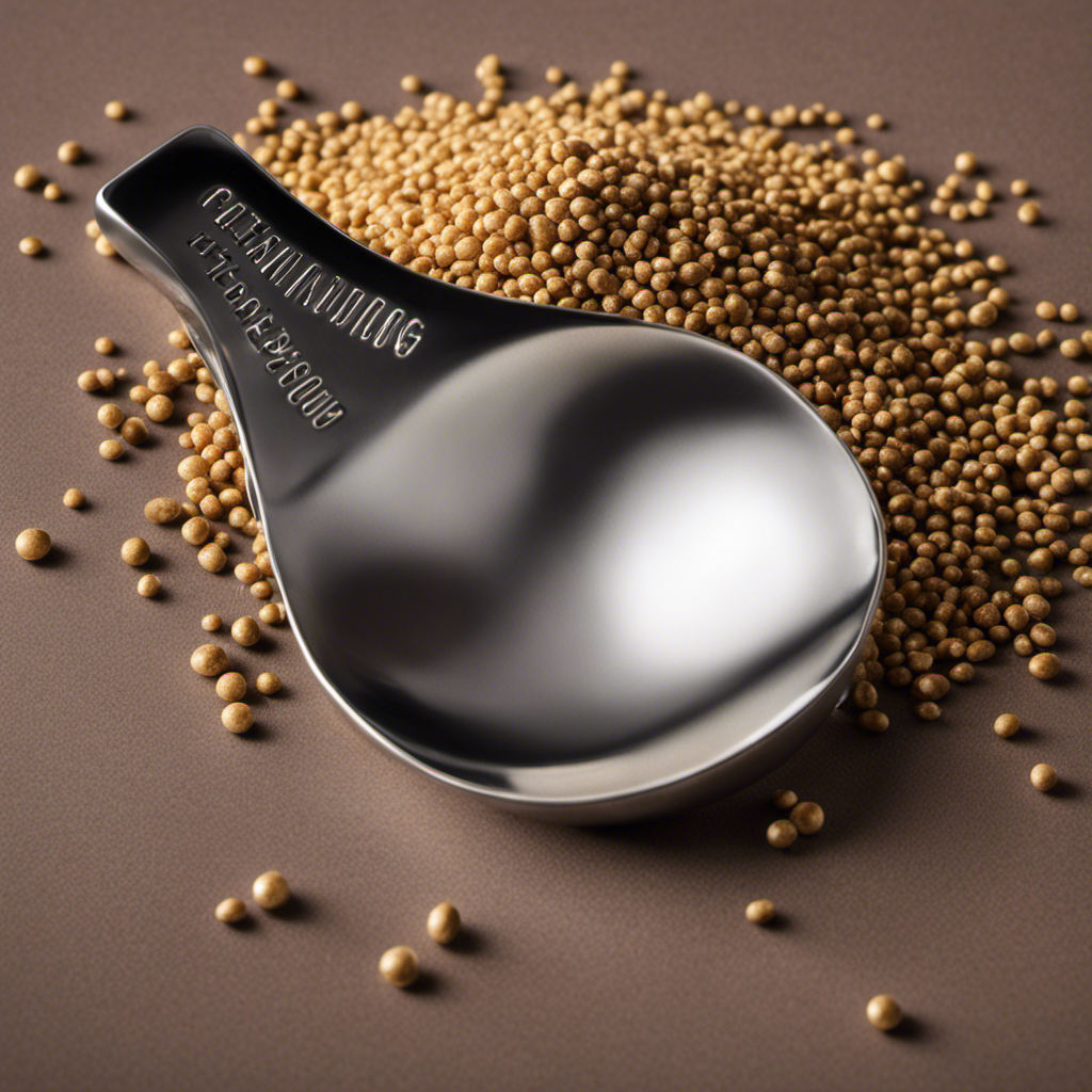 An image showcasing a measuring spoon filled with 150mg of a substance, placed beside a teaspoon filled with an equivalent amount