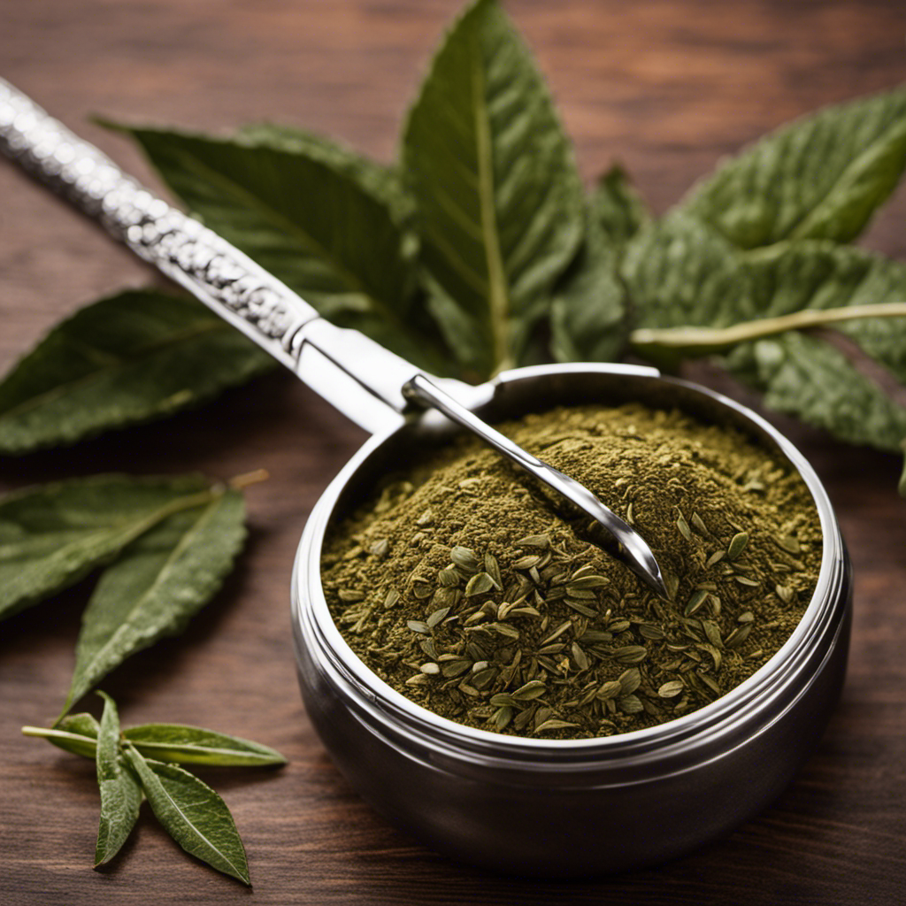 An image portraying a small digital scale displaying precisely 150mg of finely ground Yerba Mate leaves, with a measuring spoon beside it, capturing the intricate details of the leaves and the precision of the measurement