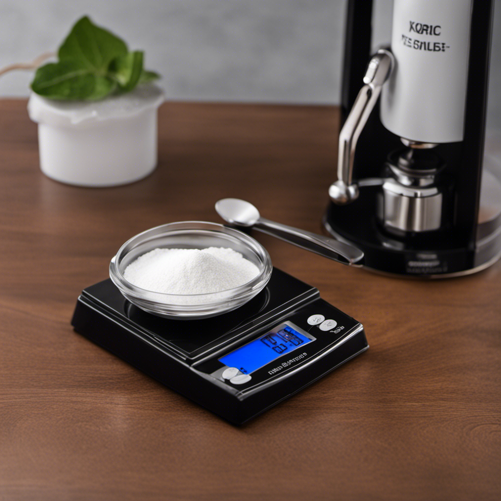 An image showcasing a small, precise digital scale displaying 15g of a fine powder